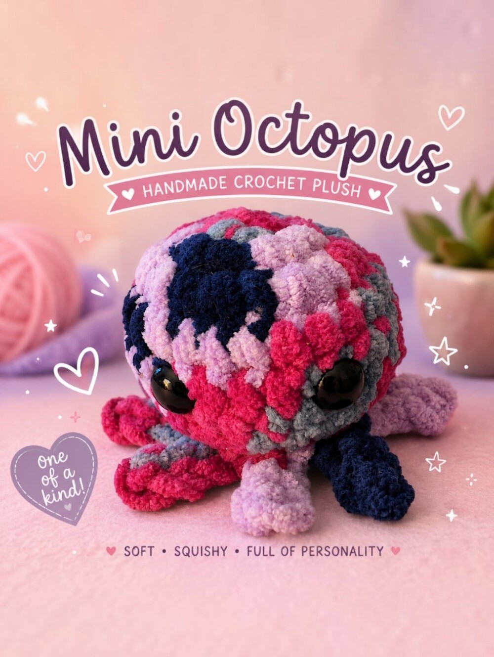Handmade Crochet Mini Octopus Plush - Pink, Purple, Navy
